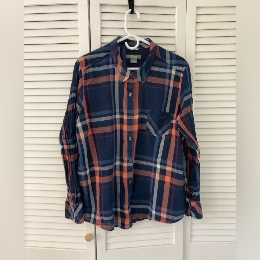 Womens Natural Reflections Plaid Long Sleeve Shirt with Sleeve Ruffle, Size XXL